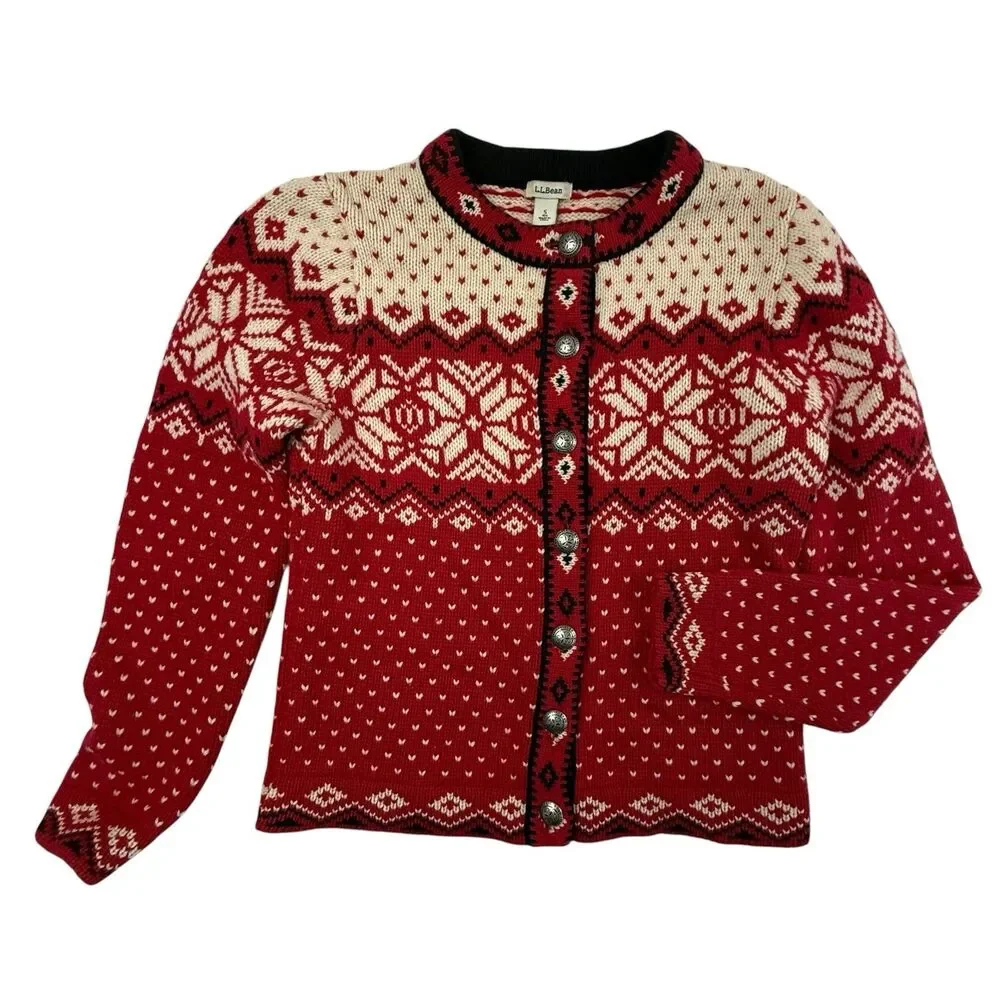 LL Bean Fair Isle Cardigan Sweater Small Lambswool Snowflake Nordic Gorpcore